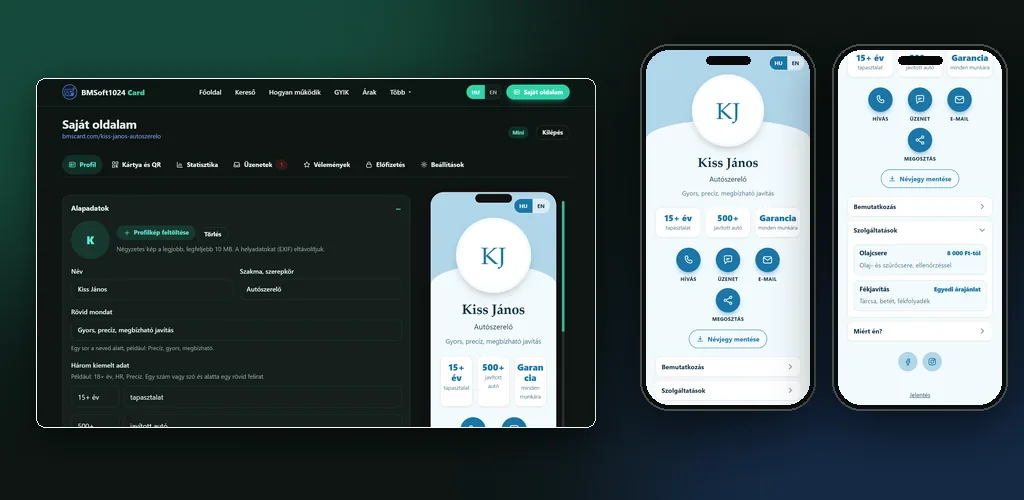 BMSoft1024 Card: a profil szerkesztője élő előnézettel és két telefon, rajtuk egy autószerelő névjegy oldala