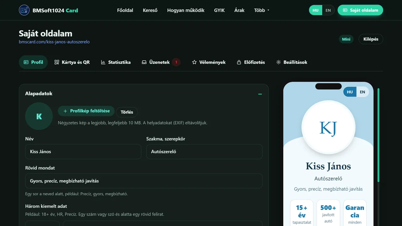 A profil szerkesztője: alapadatok bal oldalon, élő telefon előnézet jobb oldalon