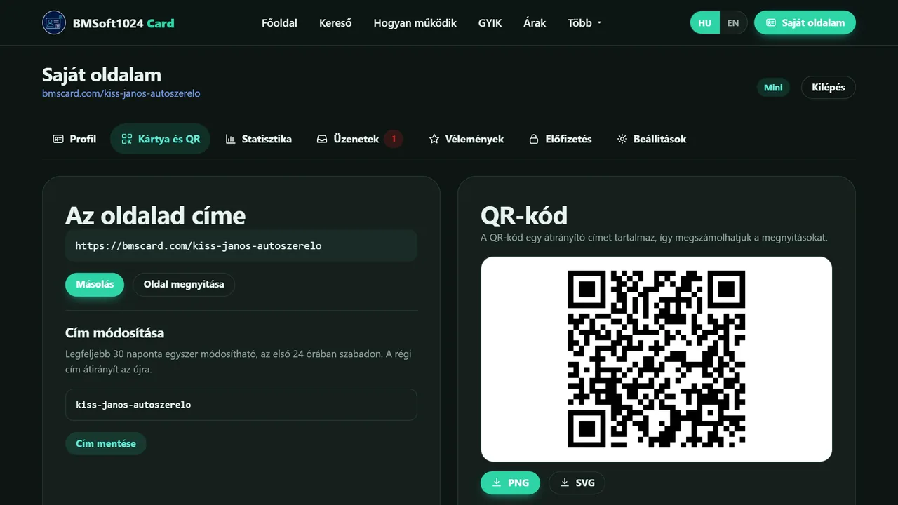 Kártya és QR oldal: az oldal címe, a cím módosítása és a letölthető QR-kód PNG és SVG formátumban