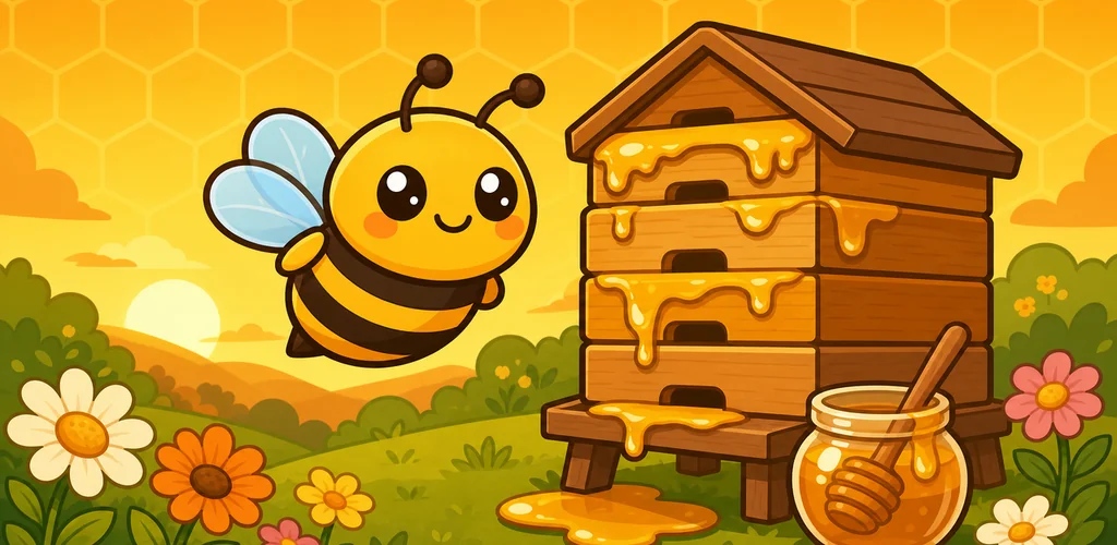 Nektaria: a cartoon bee next to a honey-dripping beehive and a honey jar in a flower meadow