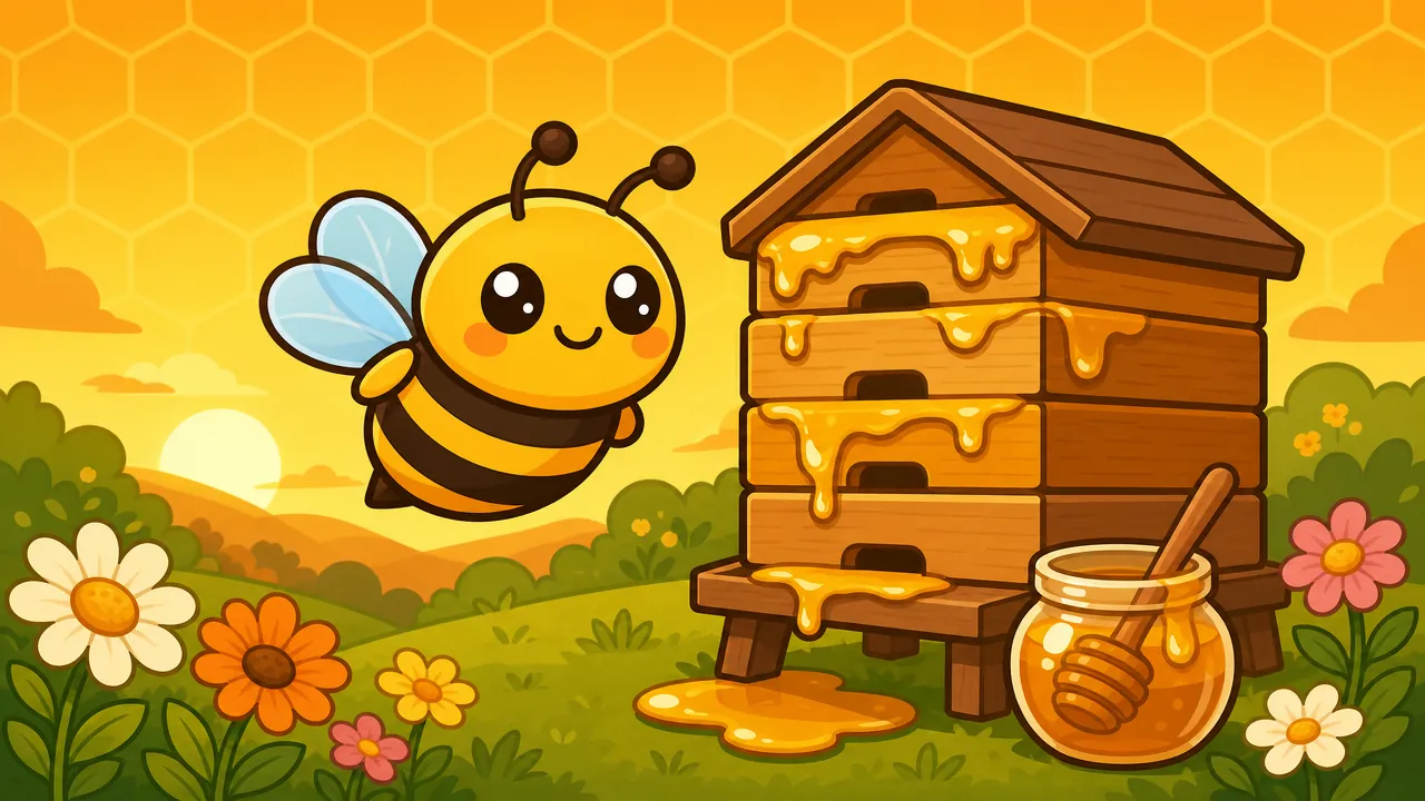 A cartoon bee next to a honey-dripping beehive with sunset hills behind