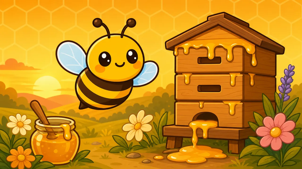 A honey jar, flowers and a multi-storey beehive with a cartoon bee