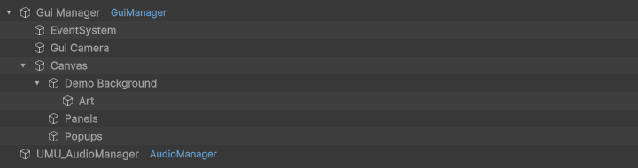 AudioDemo scene hierarchy: the correct GUI Manager setup