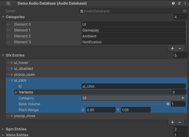 AudioDatabase asset with categories and an SFX entry expanded