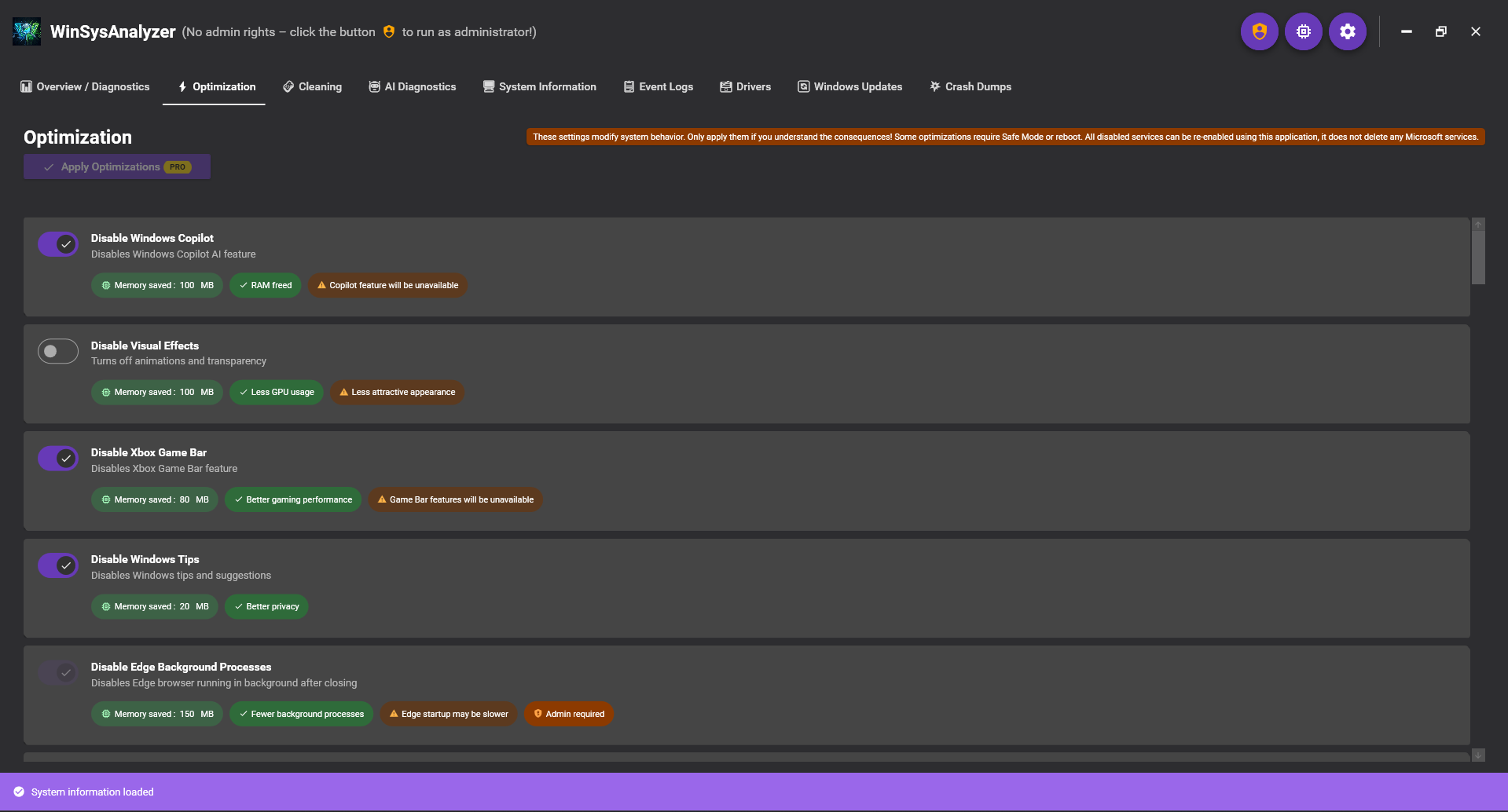 WinSysAnalyzer – Optimalizálás – 50+ kapcsolható tweak adatvédelemre és teljesítményre