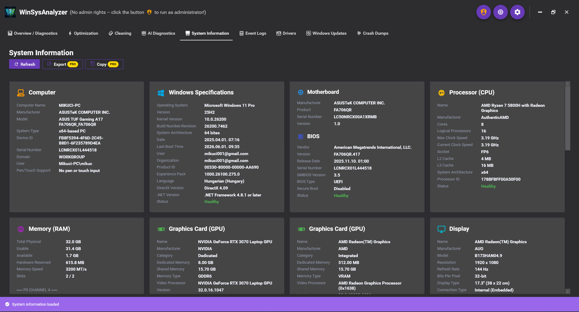 WinSysAnalyzer – Rendszerinformáció – CPU, GPU, RAM, tárhely, hálózat, akku részletesen